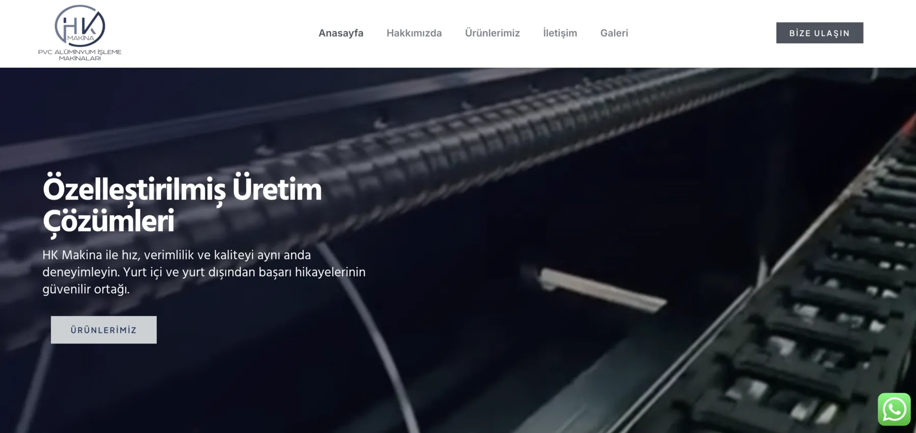 HK Makina web sitesi ana sayfası