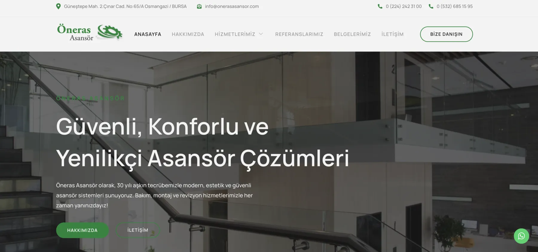 Öneras Asansör web sitesi ana sayfası